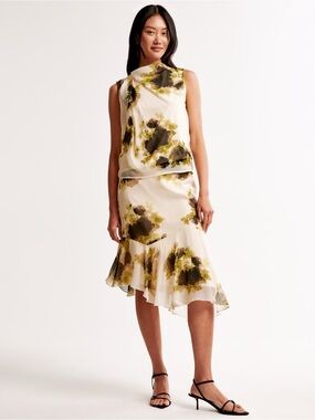 Asymmetrical Floral Midi Skirt in Cream and Olive